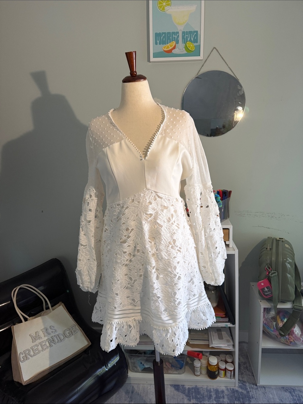 Ina White Lace Long Sleeve V-Neck Dress